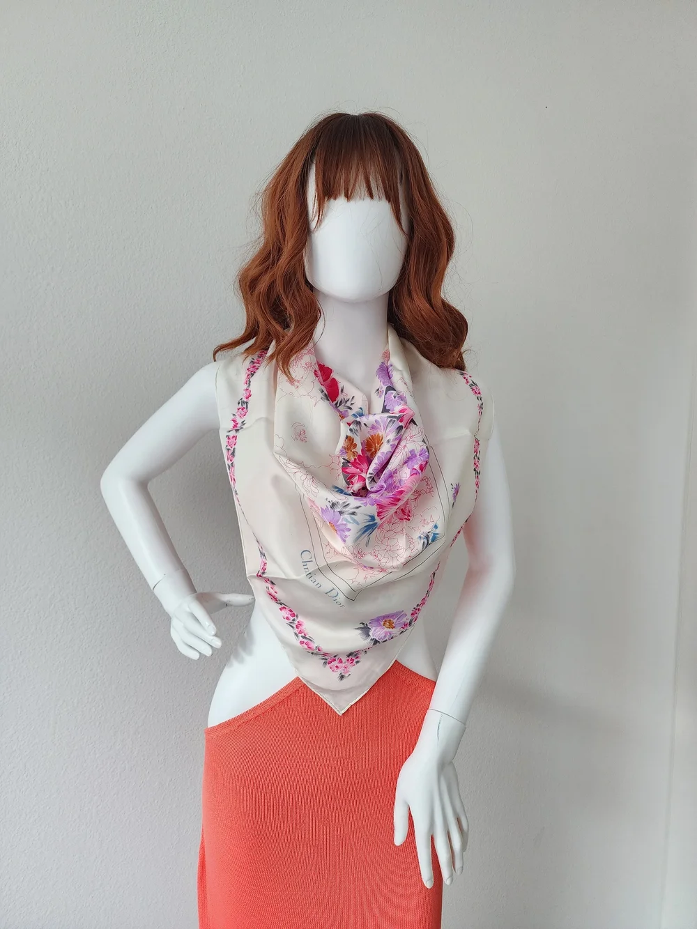 Auth Dior Floral Pink & Purple Blooms Silk Scarf